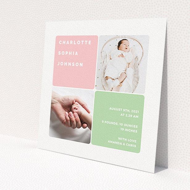 A new baby announcement card design called 'Rounded Corners'. It is a square (148mm x 148mm) card in a square orientation. It is a photographic new baby announcement card with room for 2 photos. 'Rounded Corners' is available as a flat card, with tones of green and light pink.