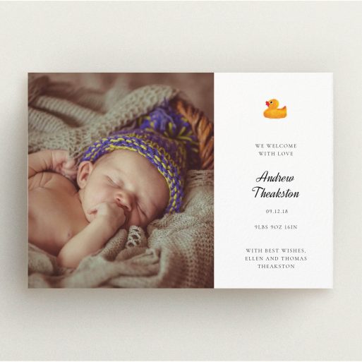 A new baby announcement card design called "Rubber Ducky Motif". It is an A5 card in a landscape orientation. It is a photographic new baby announcement card with room for 1 photo. "Rubber Ducky Motif" is available as a flat card, with tones of white and yellow.
