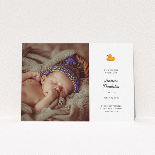 A new baby announcement card design called "Rubber Ducky Motif". It is an A5 card in a landscape orientation. It is a photographic new baby announcement card with room for 1 photo. "Rubber Ducky Motif" is available as a flat card, with tones of white and yellow.