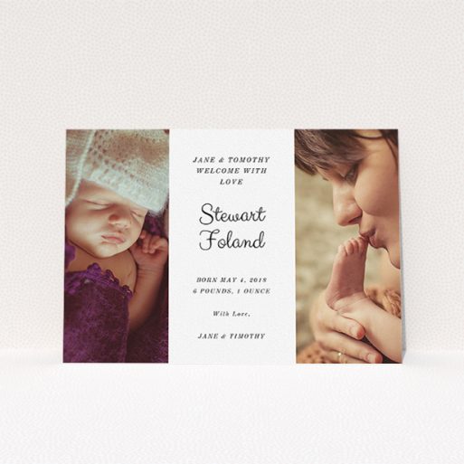 A new baby announcement card named "Sandwich Frame". It is an A5 card in a landscape orientation. It is a photographic new baby announcement card with room for 2 photos. "Sandwich Frame" is available as a flat card, with mainly white colouring.