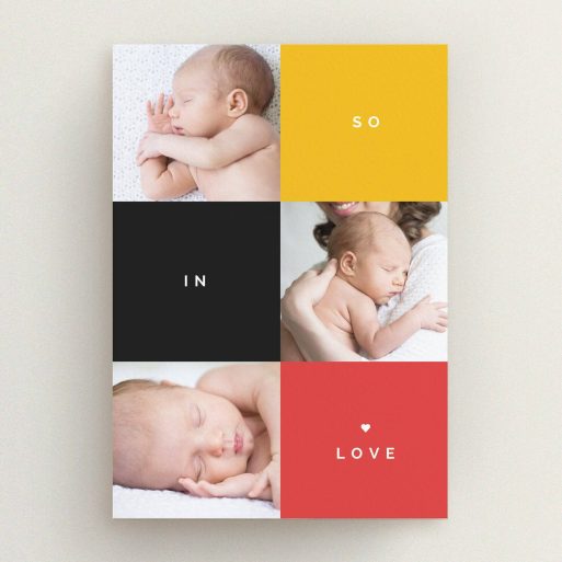 A new baby announcement card named "Side-to-Side". It is an A5 card in a portrait orientation. It is a photographic new baby announcement card with room for 3 photos. "Side-to-Side" is available as a flat card, with tones of black, red and yellow.