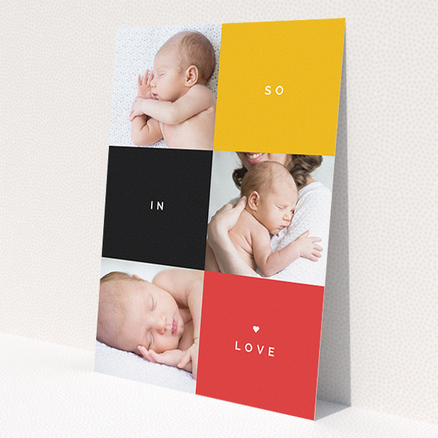 A new baby announcement card named "Side-to-Side". It is an A5 card in a portrait orientation. It is a photographic new baby announcement card with room for 3 photos. "Side-to-Side" is available as a flat card, with tones of black, red and yellow.