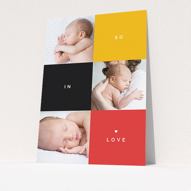 A new baby announcement card named "Side-to-Side". It is an A5 card in a portrait orientation. It is a photographic new baby announcement card with room for 3 photos. "Side-to-Side" is available as a flat card, with tones of black, red and yellow.