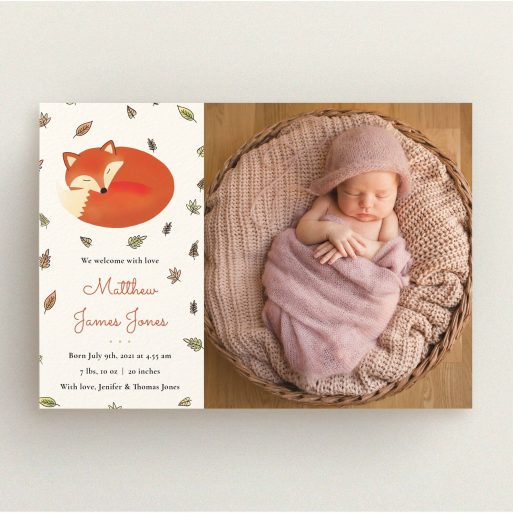 A new baby announcement card design named "Sleepy Fox". It is an A5 card in a landscape orientation. It is a photographic new baby announcement card with room for 1 photo. "Sleepy Fox" is available as a flat card, with tones of cream, orange and light yellow.