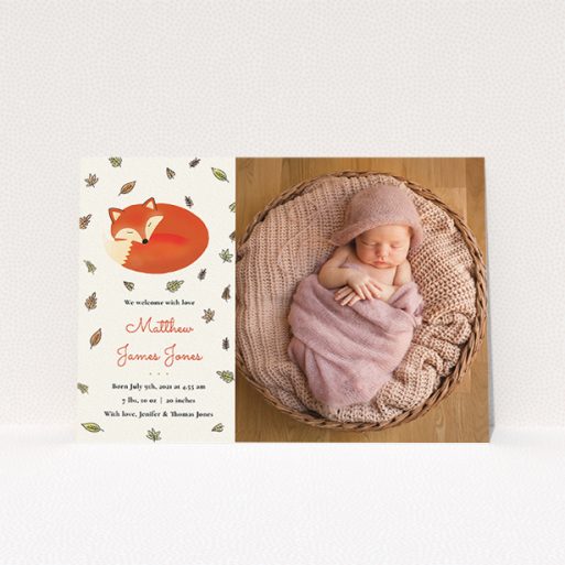 A new baby announcement card design named "Sleepy Fox". It is an A5 card in a landscape orientation. It is a photographic new baby announcement card with room for 1 photo. "Sleepy Fox" is available as a flat card, with tones of cream, orange and light yellow.