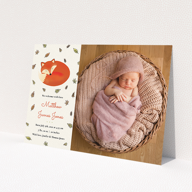 A new baby announcement card design named 'Sleepy Fox'. It is an A5 card in a landscape orientation. It is a photographic new baby announcement card with room for 1 photo. 'Sleepy Fox' is available as a flat card, with tones of cream, orange and light yellow.