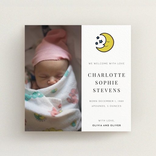 A new baby announcement card design titled "Sleepy Sky". It is a square (148mm x 148mm) card in a square orientation. It is a photographic new baby announcement card with room for 1 photo. "Sleepy Sky" is available as a flat card, with tones of white and yellow.