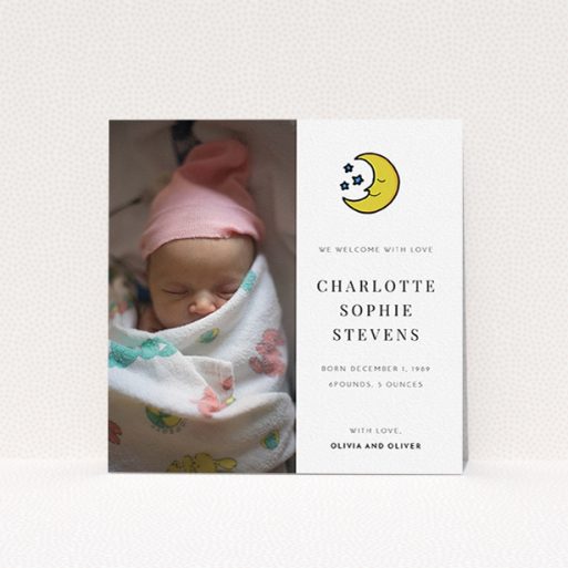 A new baby announcement card design titled "Sleepy Sky". It is a square (148mm x 148mm) card in a square orientation. It is a photographic new baby announcement card with room for 1 photo. "Sleepy Sky" is available as a flat card, with tones of white and yellow.