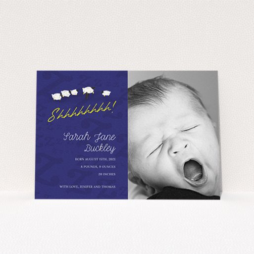 A new baby announcement card design called "Sleepy Time". It is an A6 card in a landscape orientation. It is a photographic new baby announcement card with room for 1 photo. "Sleepy Time" is available as a flat card, with tones of navy blue and white.