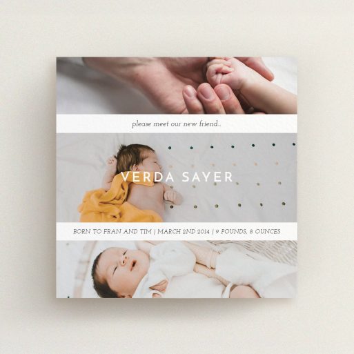 A new baby announcement card template titled "Stacked Frames". It is a square (148mm x 148mm) card in a square orientation. It is a photographic new baby announcement card with room for 3 photos. "Stacked Frames" is available as a flat card, with mainly white colouring.
