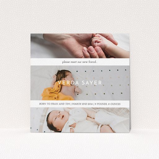 A new baby announcement card template titled "Stacked Frames". It is a square (148mm x 148mm) card in a square orientation. It is a photographic new baby announcement card with room for 3 photos. "Stacked Frames" is available as a flat card, with mainly white colouring.