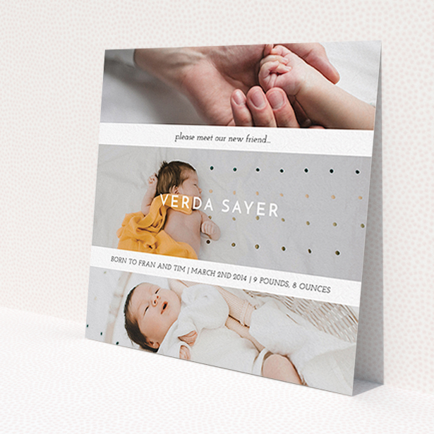 A new baby announcement card template titled 'Stacked Frames'. It is a square (148mm x 148mm) card in a square orientation. It is a photographic new baby announcement card with room for 3 photos. 'Stacked Frames' is available as a flat card, with mainly white colouring.
