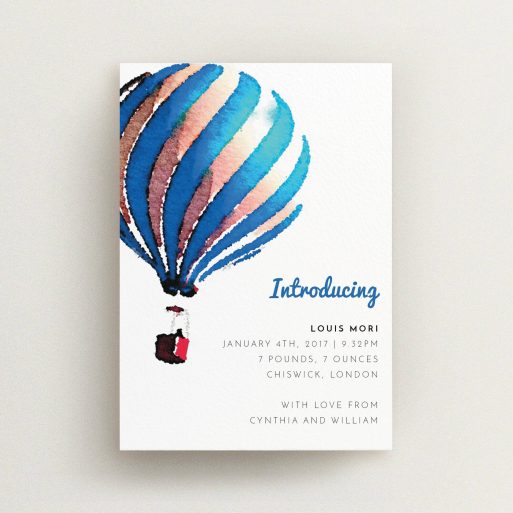 A new baby announcement card design titled "Up-and-away blue". It is an A6 card in a portrait orientation. "Up-and-away blue" is available as a flat card, with tones of blue and white.