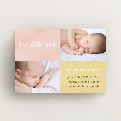 A new baby announcement card design titled "Watercolour Corners". It is an A6 card in a landscape orientation. It is a photographic new baby announcement card with room for 2 photos. "Watercolour Corners" is available as a flat card, with tones of yellow and purple.