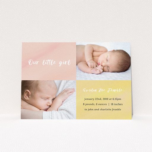 A new baby announcement card design titled "Watercolour Corners". It is an A6 card in a landscape orientation. It is a photographic new baby announcement card with room for 2 photos. "Watercolour Corners" is available as a flat card, with tones of yellow and purple.