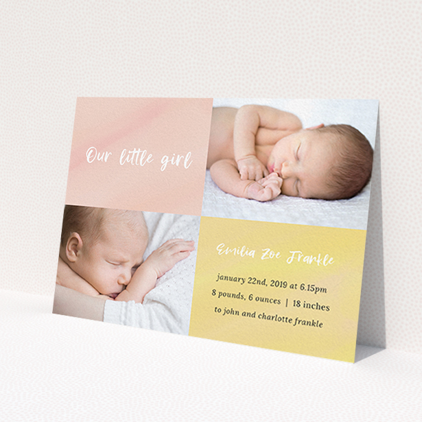A new baby announcement card design titled 'Watercolour Corners'. It is an A6 card in a landscape orientation. It is a photographic new baby announcement card with room for 2 photos. 'Watercolour Corners' is available as a flat card, with tones of yellow and purple.