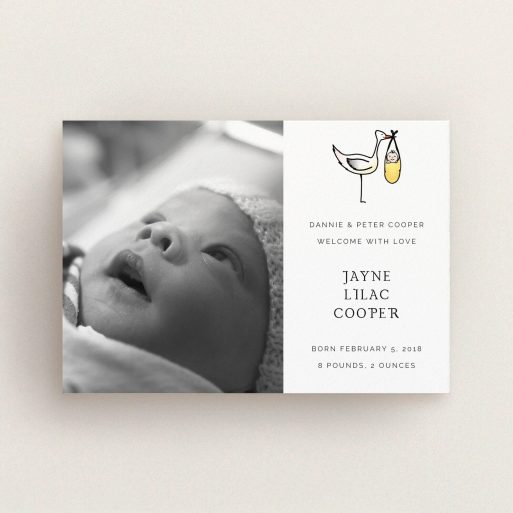 A new baby announcement card template titled "Watercolour Stork". It is an A6 card in a landscape orientation. It is a photographic new baby announcement card with room for 1 photo. "Watercolour Stork" is available as a flat card, with tones of black and white.