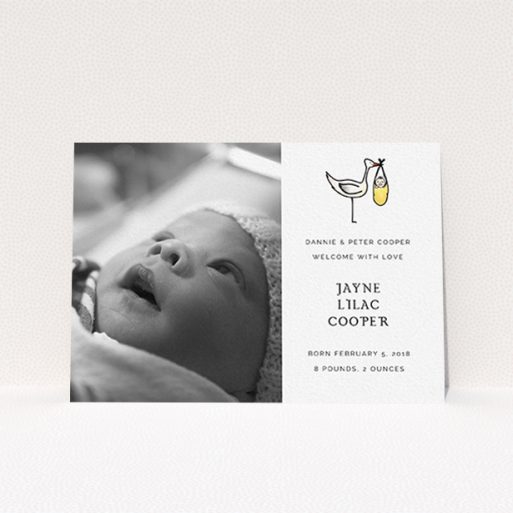 A new baby announcement card template titled "Watercolour Stork". It is an A6 card in a landscape orientation. It is a photographic new baby announcement card with room for 1 photo. "Watercolour Stork" is available as a flat card, with tones of black and white.