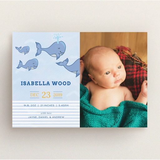 A new baby announcement card design titled "Whale of a Welcome". It is an A5 card in a landscape orientation. It is a photographic new baby announcement card with room for 1 photo. "Whale of a Welcome" is available as a flat card, with tones of blue and white.
