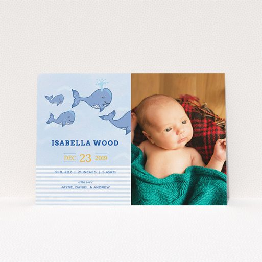 A new baby announcement card design titled "Whale of a Welcome". It is an A5 card in a landscape orientation. It is a photographic new baby announcement card with room for 1 photo. "Whale of a Welcome" is available as a flat card, with tones of blue and white.