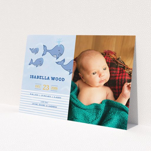 A new baby announcement card design titled 'Whale of a Welcome'. It is an A5 card in a landscape orientation. It is a photographic new baby announcement card with room for 1 photo. 'Whale of a Welcome' is available as a flat card, with tones of blue and white.
