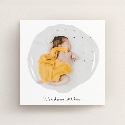 A new baby announcement card template titled "Wipe Frame". It is a square (148mm x 148mm) card in a square orientation. It is a photographic new baby announcement card with room for 1 photo. "Wipe Frame" is available as a flat card, with mainly white colouring.