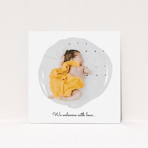 A new baby announcement card template titled "Wipe Frame". It is a square (148mm x 148mm) card in a square orientation. It is a photographic new baby announcement card with room for 1 photo. "Wipe Frame" is available as a flat card, with mainly white colouring.