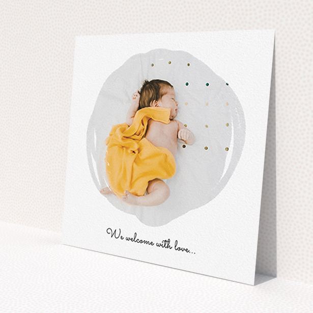 A new baby announcement card template titled 'Wipe Frame'. It is a square (148mm x 148mm) card in a square orientation. It is a photographic new baby announcement card with room for 1 photo. 'Wipe Frame' is available as a flat card, with mainly white colouring.