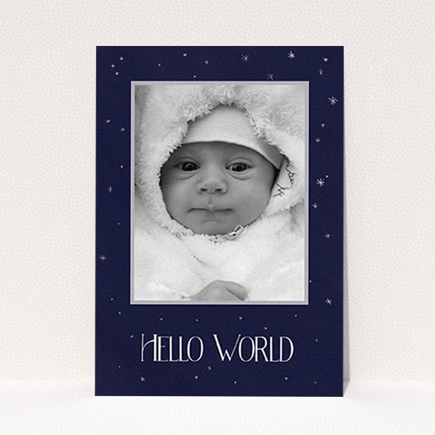 A new baby announcement card named "Written in the Stars". It is an A6 card in a portrait orientation. It is a photographic new baby announcement card with room for 1 photo. "Written in the Stars" is available as a flat card, with tones of navy blue and white.