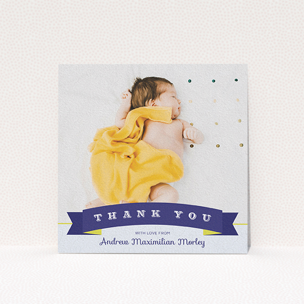 A new baby thank you card design named "Big Banner". It is a square (148mm x 148mm) card in a square orientation. It is a photographic new baby thank you card with room for 1 photo. "Big Banner" is available as a flat card, with tones of navy blue and white.