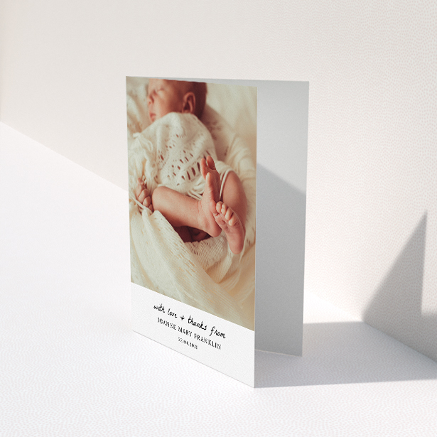 A new baby thank you card called "Black and White Thanks". It is an A5 card in a portrait orientation. It is a photographic new baby thank you card with room for 1 photo. "Black and White Thanks" is available as a folded card, with mainly white colouring.