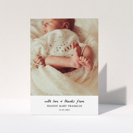 A new baby thank you card design called "Black and White Thanks". It is an A6 card in a portrait orientation. It is a photographic new baby thank you card with room for 1 photo. "Black and White Thanks" is available as a folded card, with mainly white colouring.