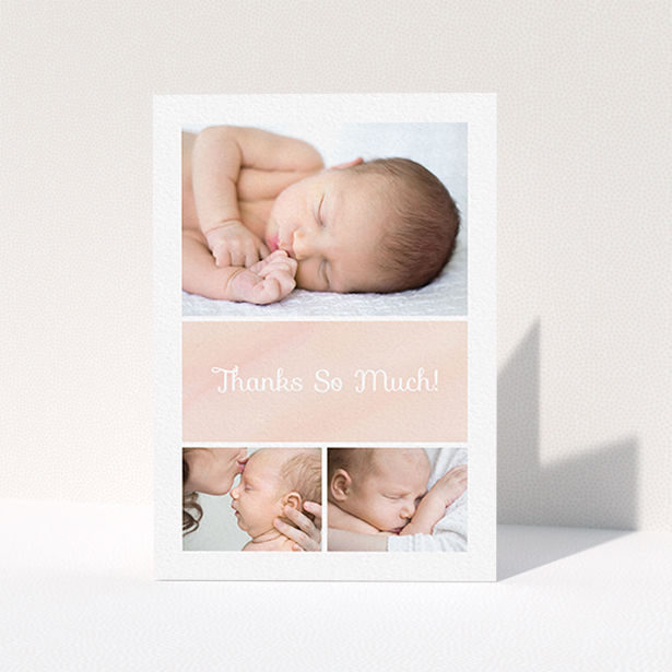 A new baby thank you card design named "Block Tower". It is an A6 card in a portrait orientation. It is a photographic new baby thank you card with room for 3 photos. "Block Tower" is available as a folded card, with tones of pink and white.