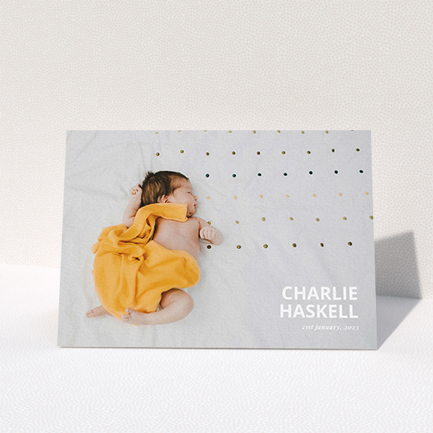 A new baby thank you card design called "Bold Photo Corner". It is an A6 card in a landscape orientation. It is a photographic new baby thank you card with room for 1 photo. "Bold Photo Corner" is available as a folded card, with mainly white colouring.