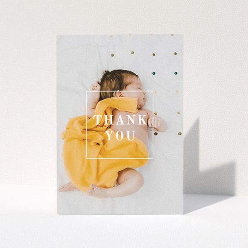 A new baby thank you card design called "Central Thanks". It is an A6 card in a portrait orientation. It is a photographic new baby thank you card with room for 1 photo. "Central Thanks" is available as a folded card, with mainly white colouring.