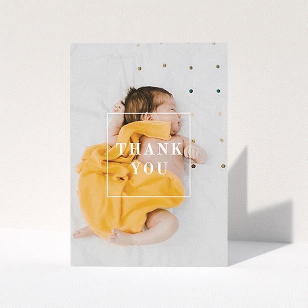 A new baby thank you card design called "Central Thanks". It is an A6 card in a portrait orientation. It is a photographic new baby thank you card with room for 1 photo. "Central Thanks" is available as a folded card, with mainly white colouring.