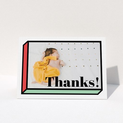 A new baby thank you card template titled "Chip Off The Old Block". It is an A5 card in a landscape orientation. It is a photographic new baby thank you card with room for 1 photo. "Chip Off The Old Block" is available as a folded card, with tones of green and red.