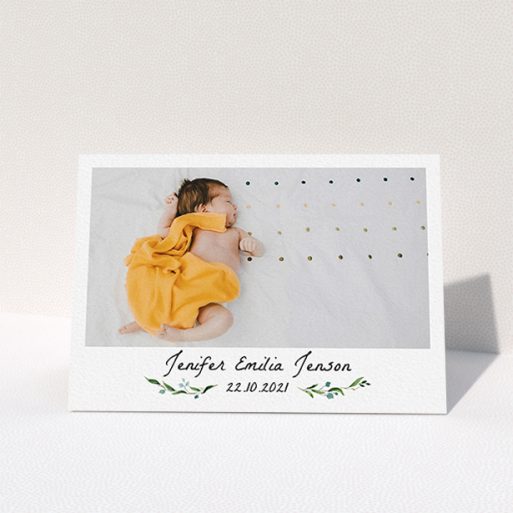 A new baby thank you card called "Classic Floral". It is an A6 card in a landscape orientation. It is a photographic new baby thank you card with room for 1 photo. "Classic Floral" is available as a folded card, with tones of black and white.