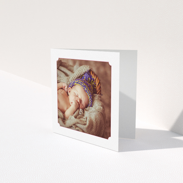 A new baby thank you card called "Classic Frame". It is a square (148mm x 148mm) card in a square orientation. It is a photographic new baby thank you card with room for 1 photo. "Classic Frame" is available as a folded card, with tones of white and pink.