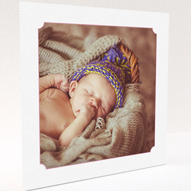 A new baby thank you card called "Classic Frame". It is a square (148mm x 148mm) card in a square orientation. It is a photographic new baby thank you card with room for 1 photo. "Classic Frame" is available as a folded card, with tones of white and pink.