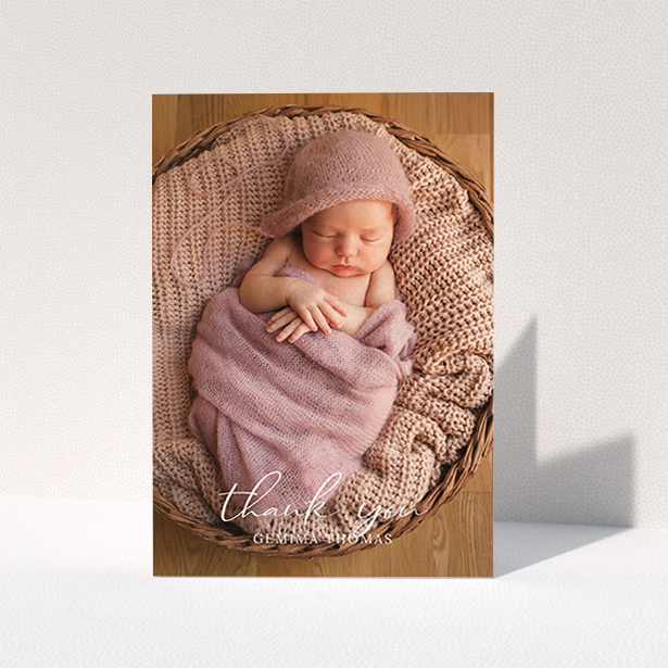 A new baby thank you card design named "Classic Thank You". It is an A6 card in a portrait orientation. It is a photographic new baby thank you card with room for 1 photo. "Classic Thank You" is available as a folded card, with mainly white colouring.