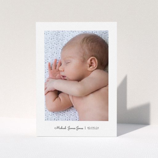 A new baby thank you card named "Classic Thank You with Photo". It is an A5 card in a portrait orientation. It is a photographic new baby thank you card with room for 1 photo. "Classic Thank You with Photo" is available as a folded card, with mainly white colouring.