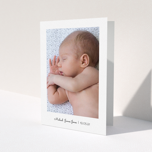 A new baby thank you card named 'Classic Thank You with Photo'. It is an A5 card in a portrait orientation. It is a photographic new baby thank you card with room for 1 photo. 'Classic Thank You with Photo' is available as a folded card, with mainly white colouring.