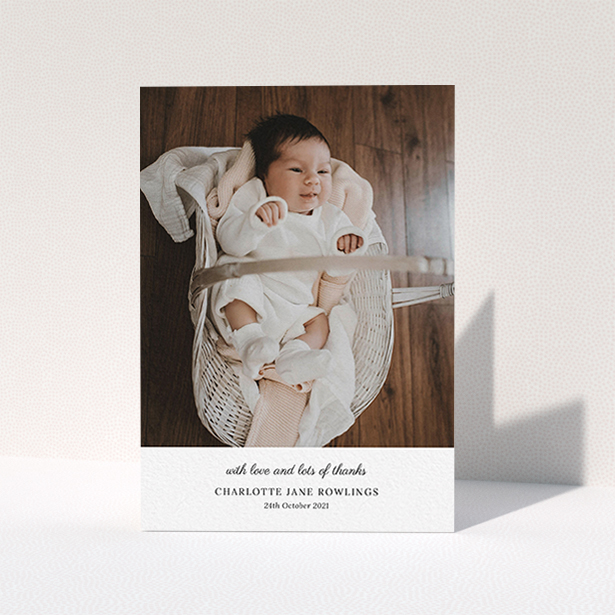 A new baby thank you card design titled "Classic Wedding Thanks". It is an A6 card in a portrait orientation. It is a photographic new baby thank you card with room for 1 photo. "Classic Wedding Thanks" is available as a folded card, with mainly white colouring.
