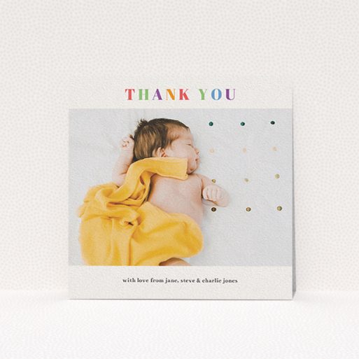 A new baby thank you card called "Colourful Thanks". It is a square (148mm x 148mm) card in a square orientation. It is a photographic new baby thank you card with room for 1 photo. "Colourful Thanks" is available as a flat card, with tones of white and green.