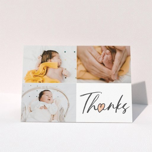 A new baby thank you card named "Handwritten Heart". It is an A6 card in a landscape orientation. It is a photographic new baby thank you card with room for 3 photos. "Handwritten Heart" is available as a folded card, with tones of black and white.