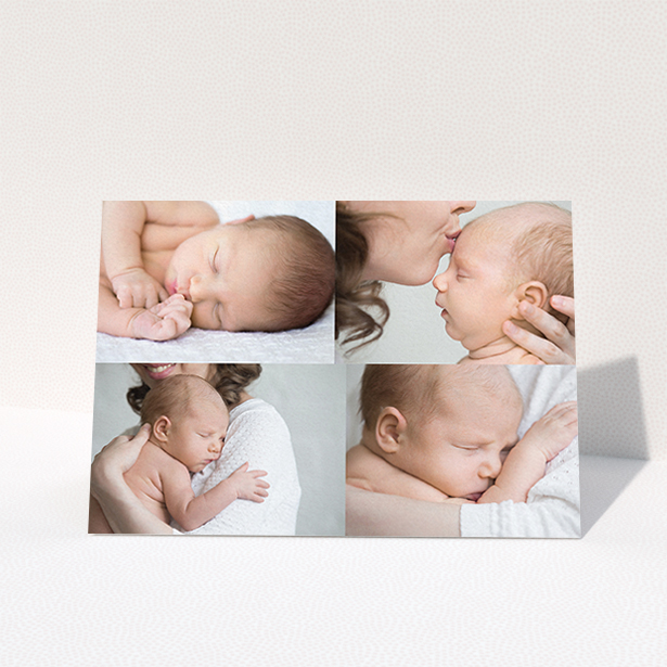 A new baby thank you card design called "No Border Frames". It is an A6 card in a landscape orientation. It is a photographic new baby thank you card with room for 4 photos. "No Border Frames" is available as a folded card, with mainly white colouring.