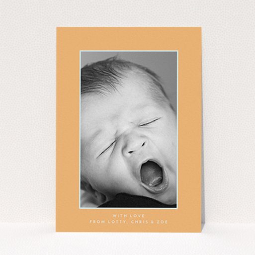 A new baby thank you card design named "Orange and Mint". It is an A6 card in a portrait orientation. It is a photographic new baby thank you card with room for 1 photo. "Orange and Mint" is available as a flat card, with tones of orange and blue.