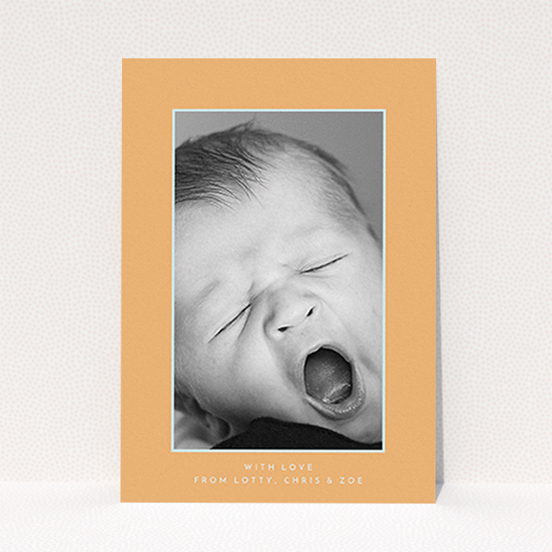 A new baby thank you card design named "Orange and Mint". It is an A6 card in a portrait orientation. It is a photographic new baby thank you card with room for 1 photo. "Orange and Mint" is available as a flat card, with tones of orange and blue.