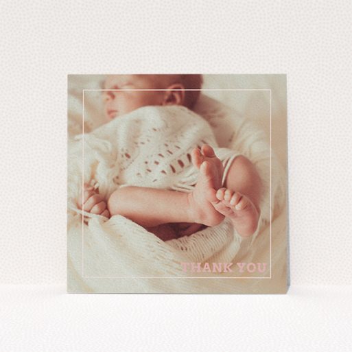 A new baby thank you card design named "Over Photo Frame". It is a square (148mm x 148mm) card in a square orientation. It is a photographic new baby thank you card with room for 1 photo. "Over Photo Frame" is available as a flat card, with mainly white colouring.